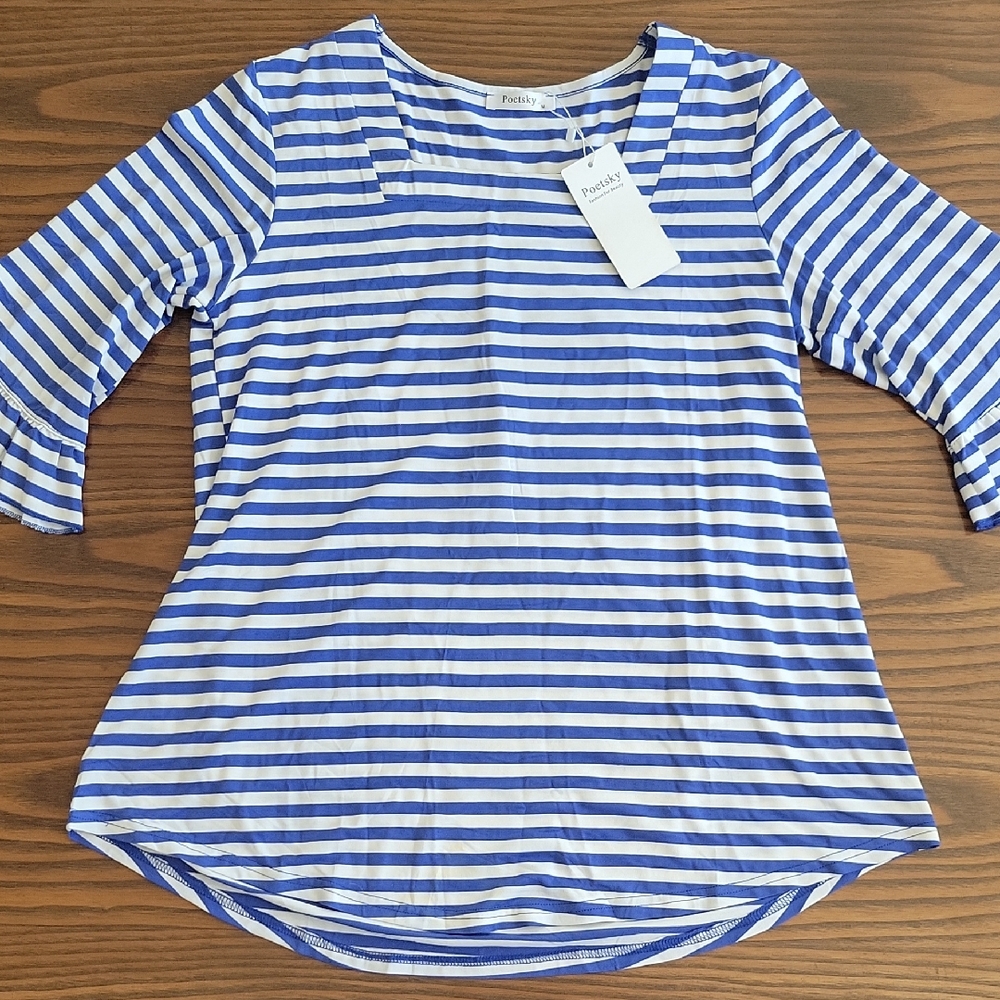 **NEW** POETSKY Women's Half-Sleeve Tee Blue White Stripes | Size: M